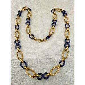 Vintage Chunky Necklace Enamel Links Navy Blue Gold Tone 30"